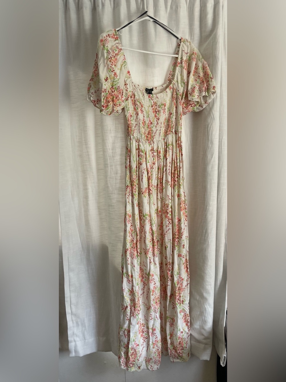 Forever 21 Cream Maxi Dress with Pink Floral and Green Leaf Print